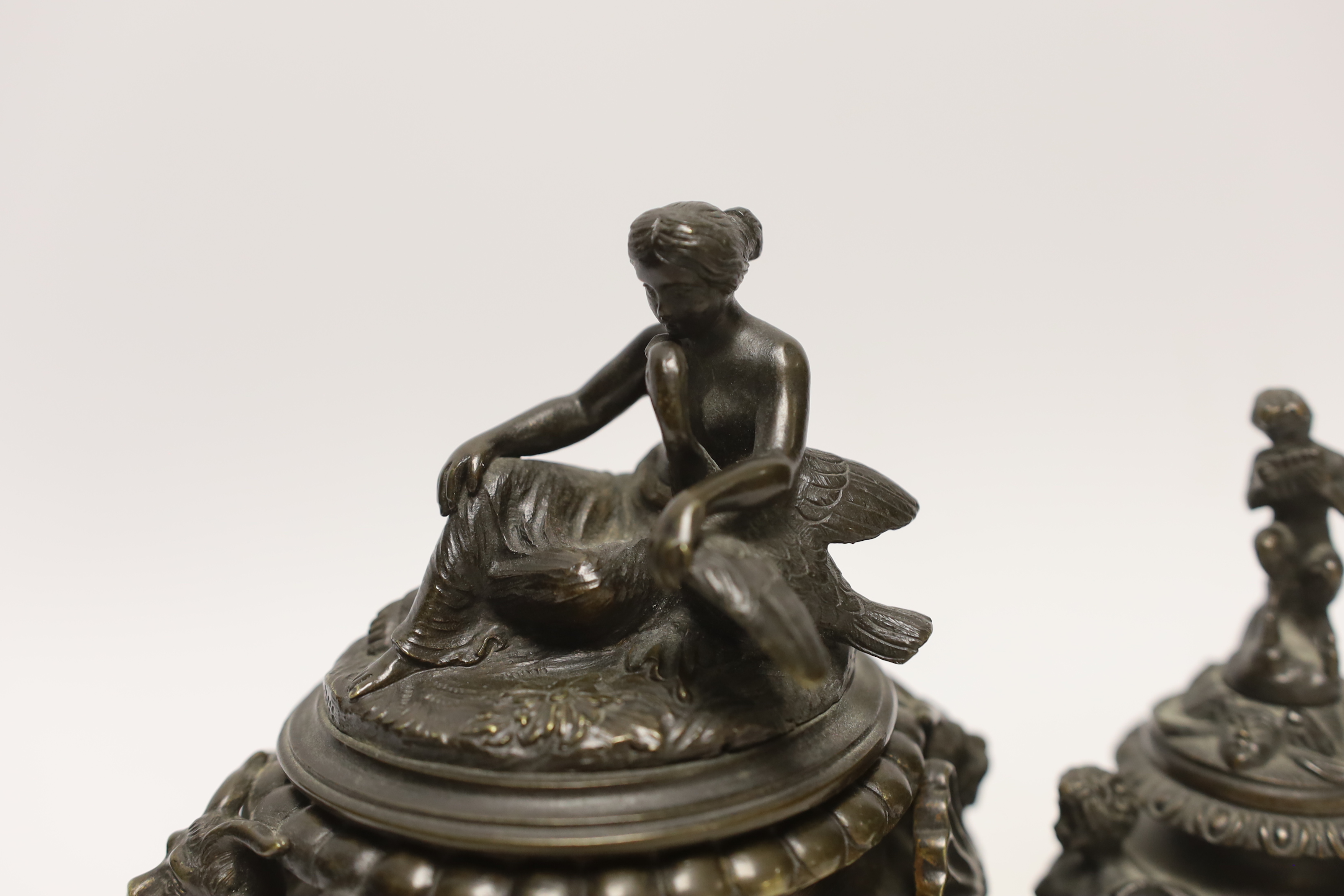 A classical revival bronze Leda and the swan vessel and a Pan playing the pipes inkwell